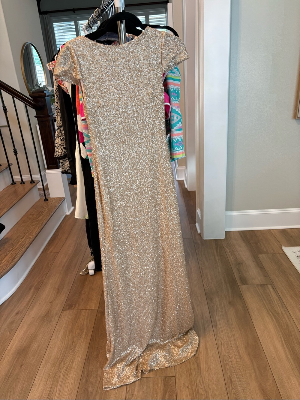 SORELLA VITA Gold Sequin Maxi Gown with Cap Sleeves
